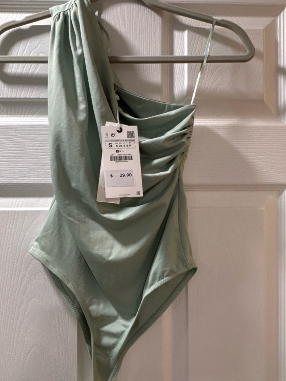 Zara Mint Green One-Shoulder Ruched Bodysuit